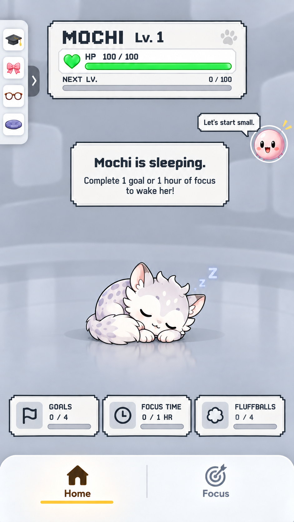 Mochi app home screen showing the study companion asleep until a goal is completed