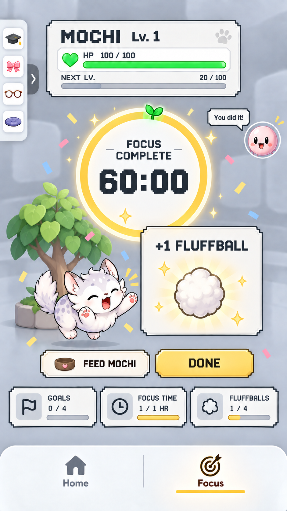 Mochi app rewarding a completed 60-minute focus session