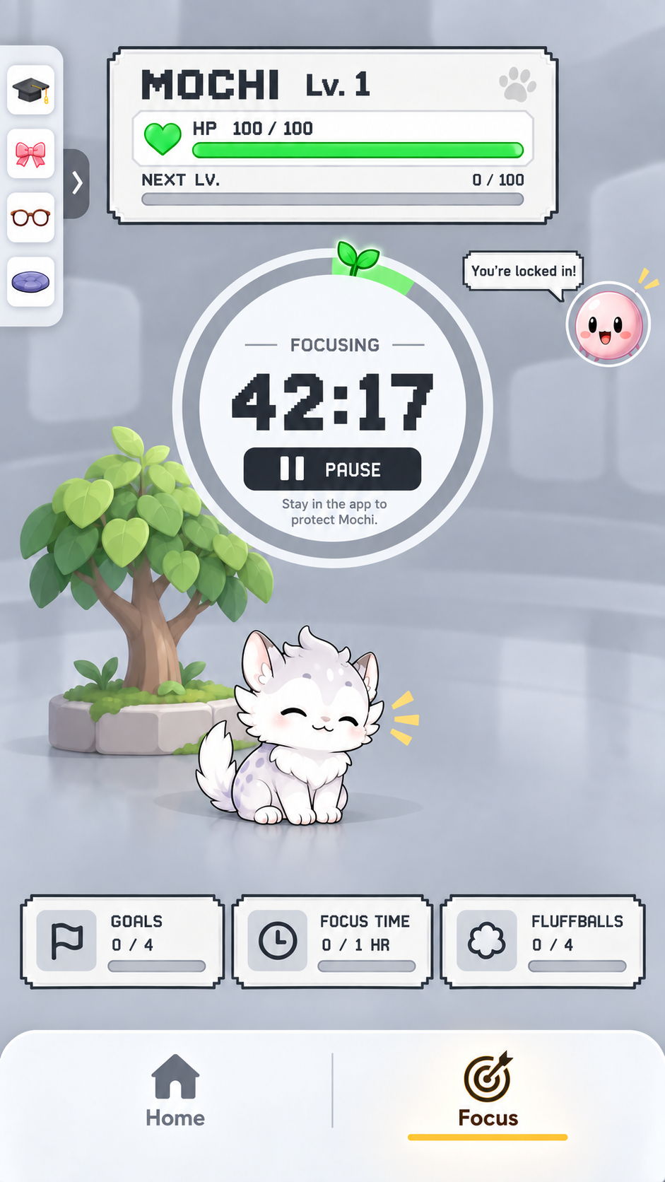 Mochi app mid-session focus timer, showing the companion protected while the student stays in the app