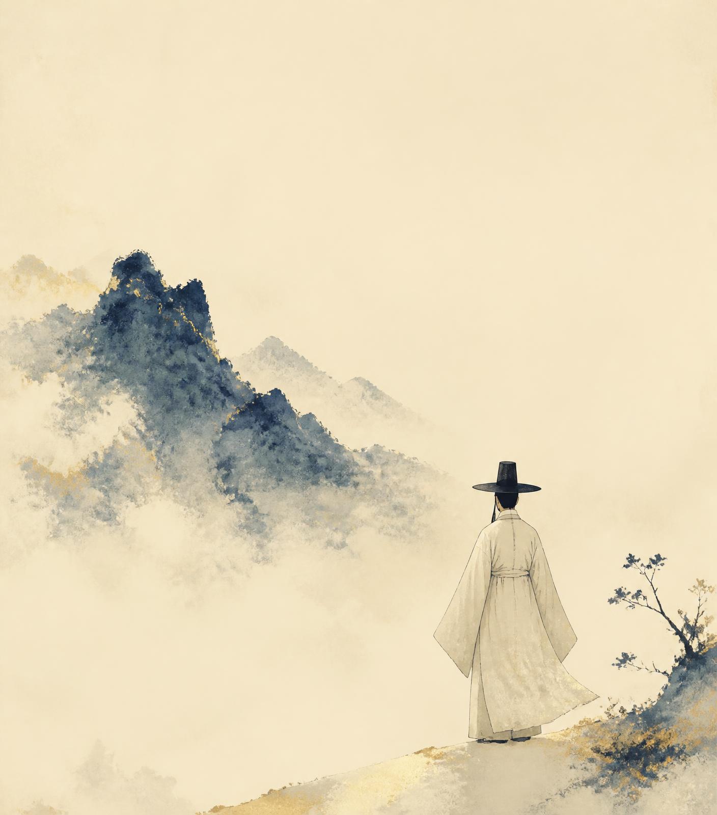 A seonbi scholar in hanbok and gat facing a distant misty mountain