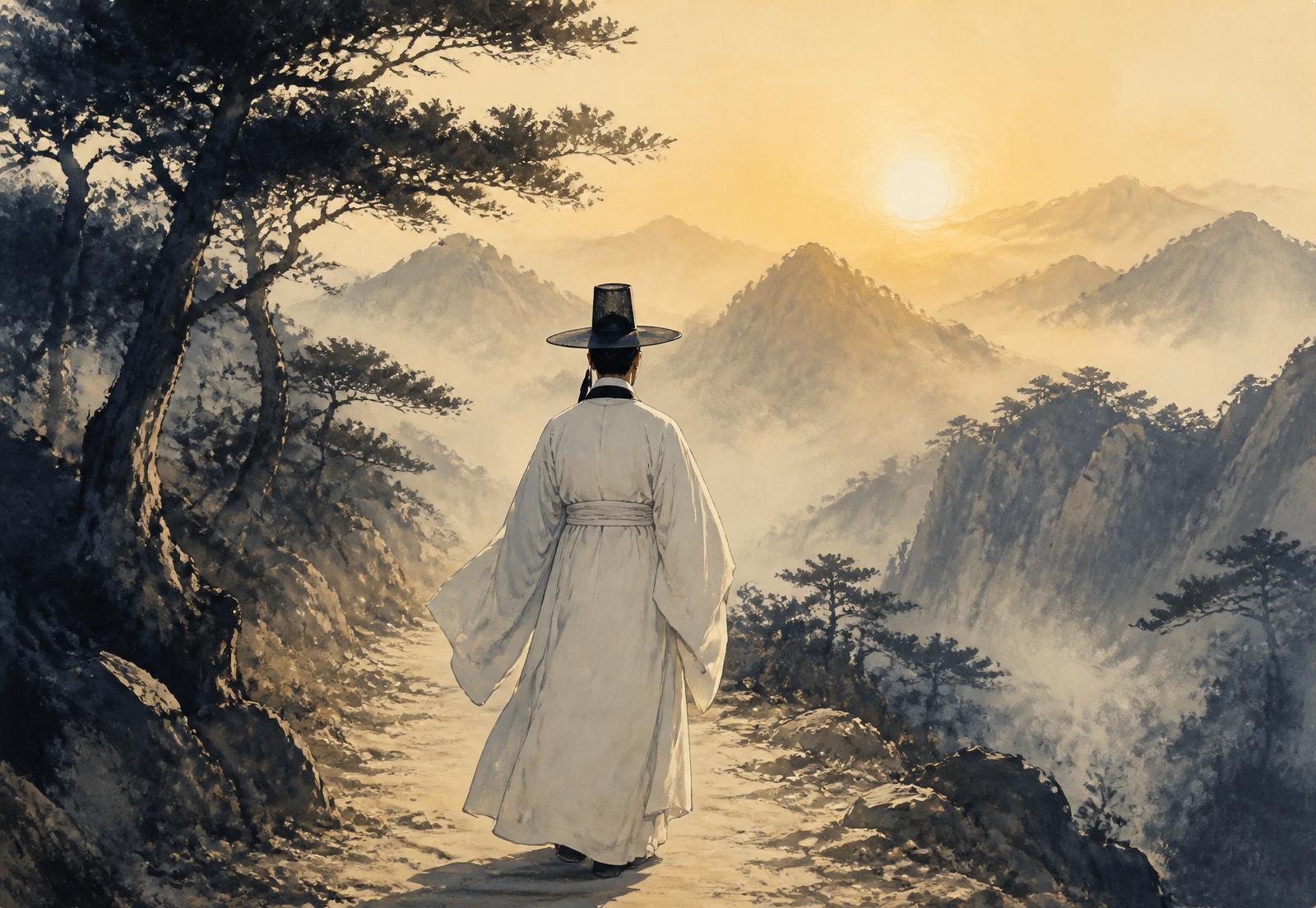A seonbi scholar on a mountain path at sunrise