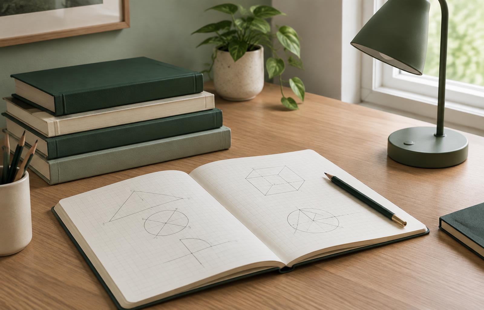 A geometry notebook, pencils, and neatly stacked books beside a desk lamp